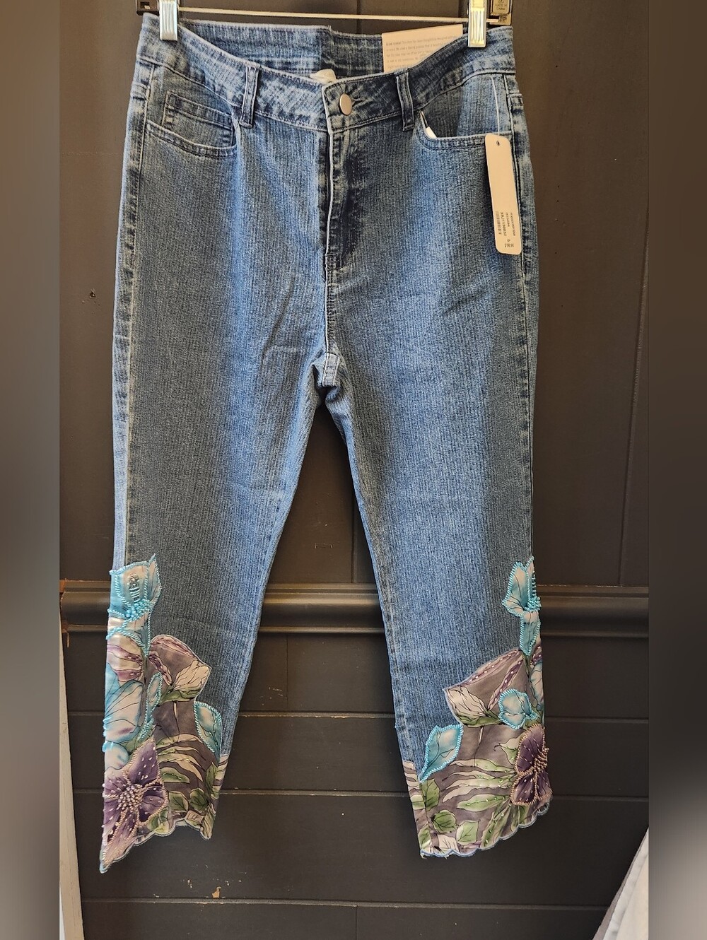 Soft Surroundings Denim Pants with Floral Applique Hem